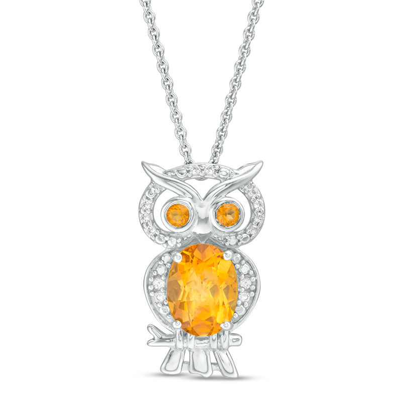 Main Image 1 of Oval and Round Citrine and Lab-Created White Sapphire Owl Pendant in Sterling Silver