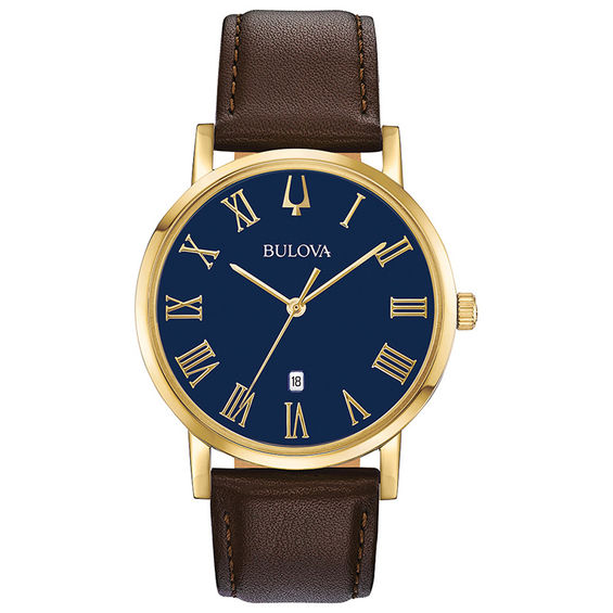 Men's Bulova Classic Gold Tone Strap Watch With Blue Dial (model: 97b177)