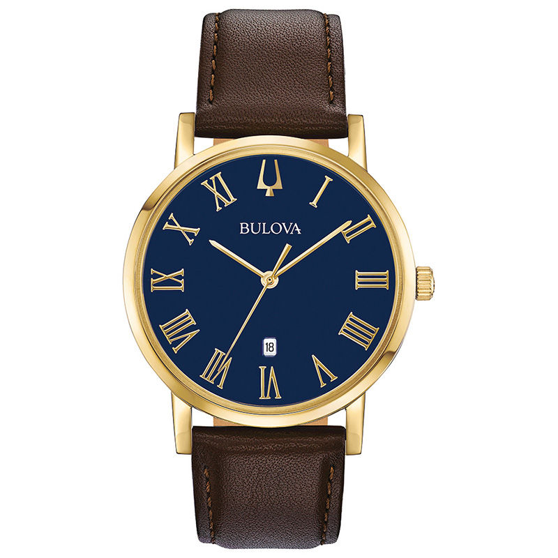 Main Image 1 of Men's Bulova Classic Gold-Tone Strap Watch with Blue Dial (Model: 97B177)