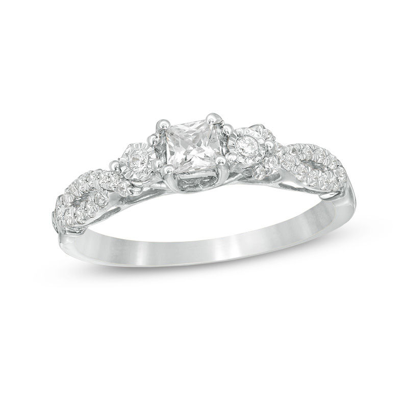 3/8 CT. T.W. Princess-Cut Diamond Three Stone Crossover Shank Engagement Ring in 10K White Gold