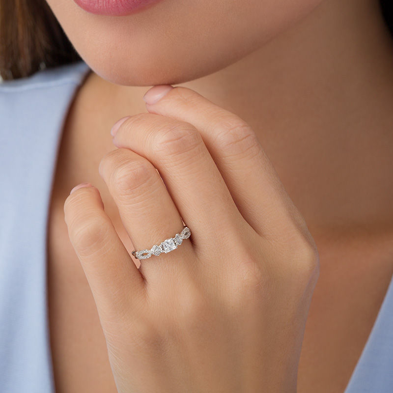 Main Image 3 of 3/8 CT. T.W. Princess-Cut Diamond Three Stone Crossover Shank Engagement Ring in 10K White Gold