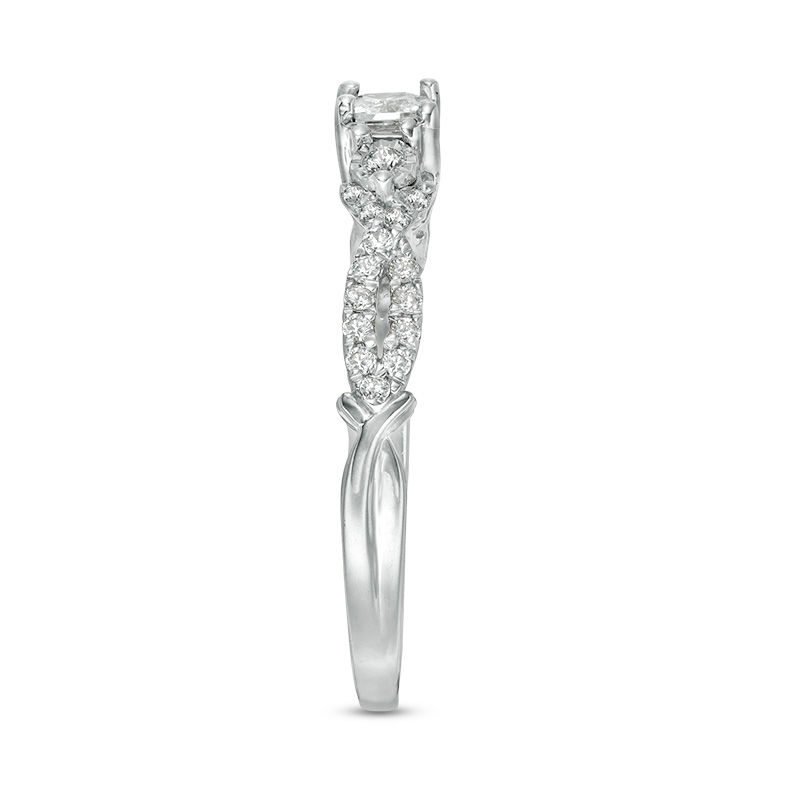 Main Image 4 of 3/8 CT. T.W. Princess-Cut Diamond Three Stone Crossover Shank Engagement Ring in 10K White Gold