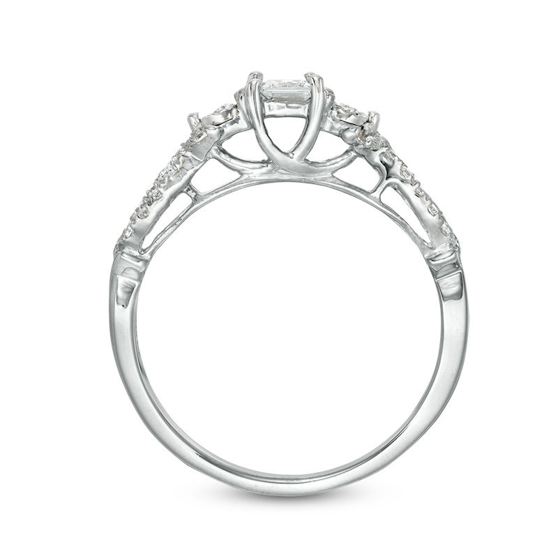 Main Image 5 of 3/8 CT. T.W. Princess-Cut Diamond Three Stone Crossover Shank Engagement Ring in 10K White Gold