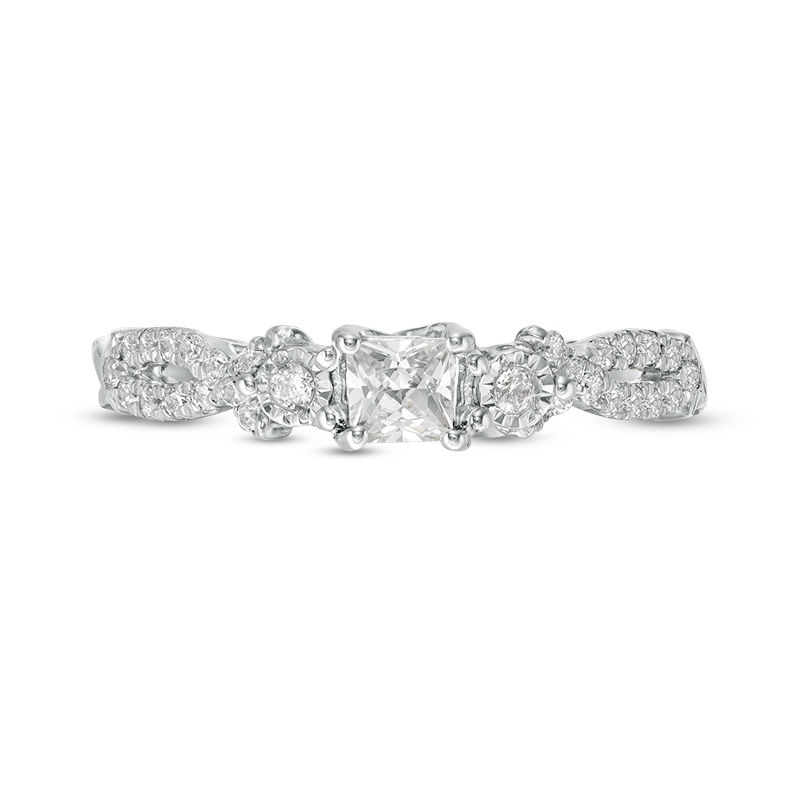 Main Image 6 of 3/8 CT. T.W. Princess-Cut Diamond Three Stone Crossover Shank Engagement Ring in 10K White Gold