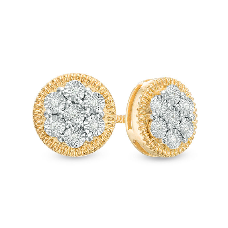 Sterling Silver Round Yellow Color Enhanced Diamond Square Cluster Earrings 1/20