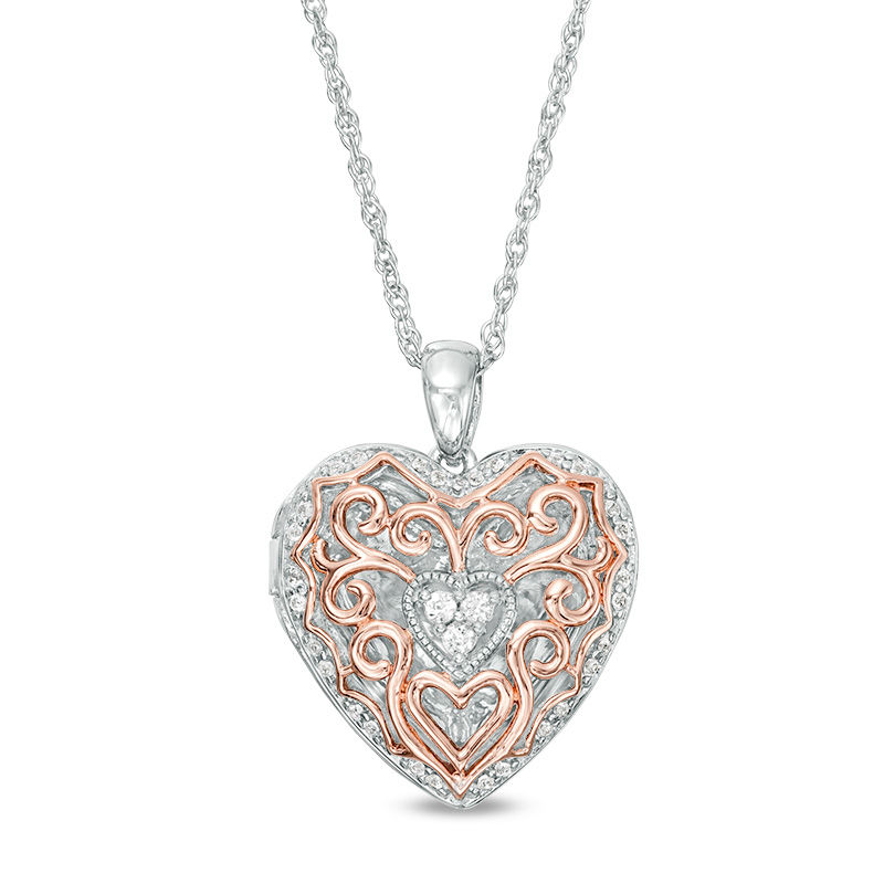 Lab-Created White Sapphire Filigree Vintage-Style Heart Locket in Sterling  Silver and 14K Rose Gold Plate