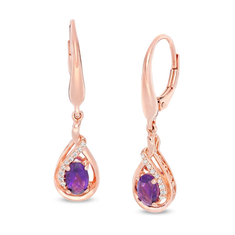 Main Image 1 of Oval Amethyst and Lab-Created White Sapphire Twisted Teardrop Earrings in Sterling Silver with 14K Rose Gold Plate