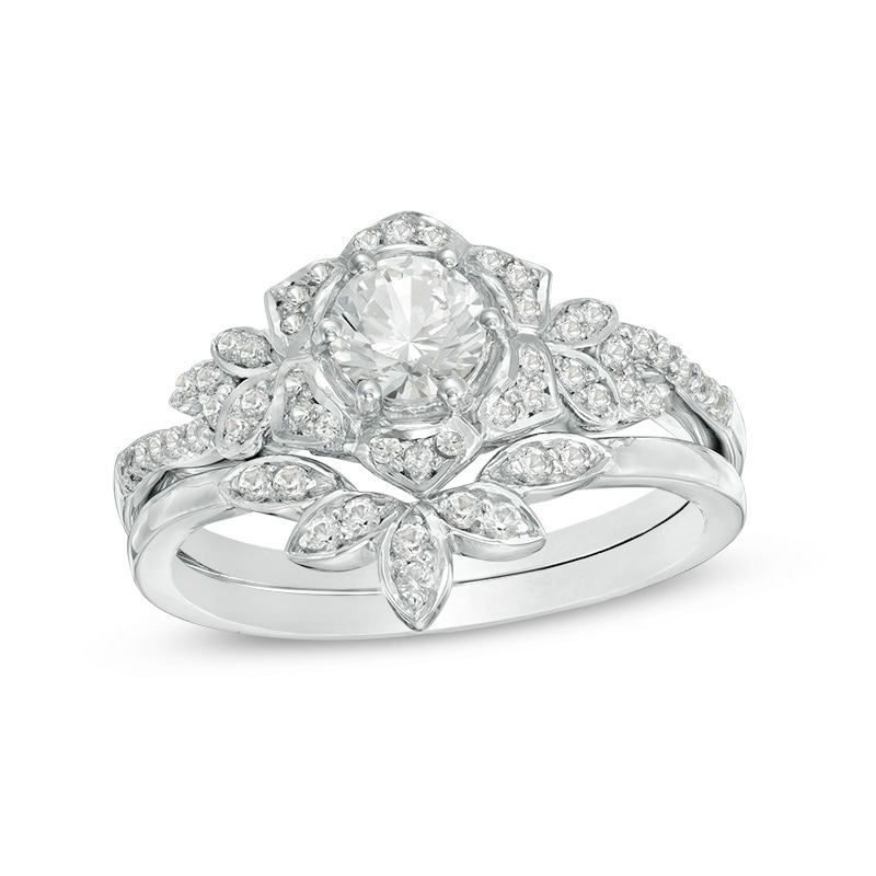 Main Image 1 of 5.0mm Lab-Created White Sapphire Floral Bridal Set in Sterling Silver