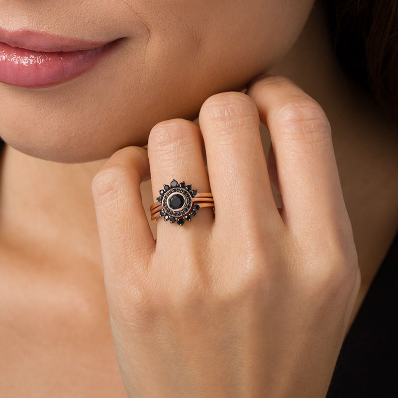 Main Image 2 of 5.0mm Onyx Shadow Frame Three Ring Bridal Set in Sterling Silver with 14K Rose Gold Plate