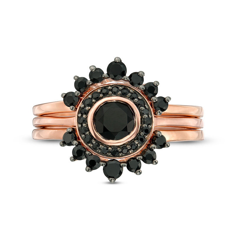 Main Image 4 of 5.0mm Onyx Shadow Frame Three Ring Bridal Set in Sterling Silver with 14K Rose Gold Plate