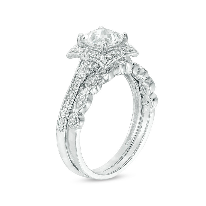 Cushion-Cut Lab-Created White Sapphire and 1/4 CT. T.W. Diamond Petal Frame Vintage-Style Bridal Set in Sterling Silver