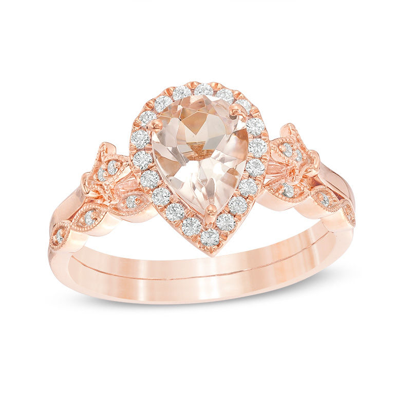 Pear-Shaped Morganite and 1/5 CT. T.W. Diamond Frame Fleur-de-Lis Vintage-Style Bridal Set in 10K Rose Gold