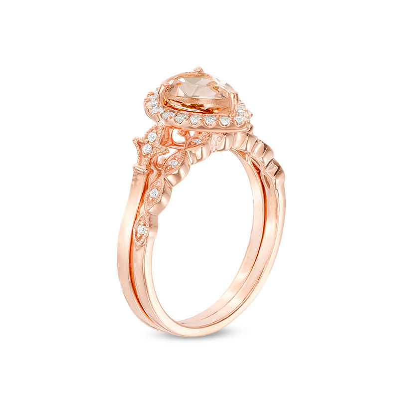 Pear-Shaped Morganite and 1/5 CT. T.W. Diamond Frame Fleur-de-Lis Vintage-Style Bridal Set in 10K Rose Gold