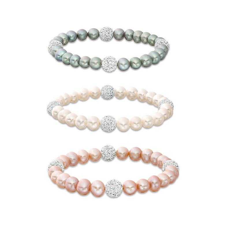6.0 - 7.0mm White, Pink and Dyed Grey Cultured Freshwater Pearl and Crystal Ball Station Stretch Bracelet Set - 7.25"