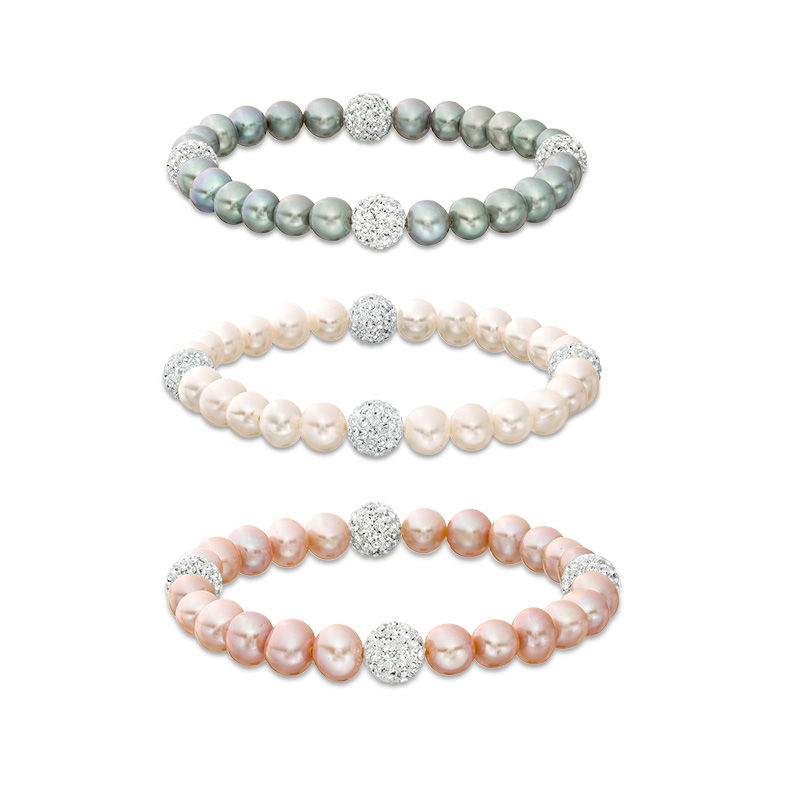 Main Image 1 of 6.0-7.0mm White, Pink and Dyed Grey Freshwater Cultured Pearl and Crystal Ball Station Stretch Bracelet Set-7.25"