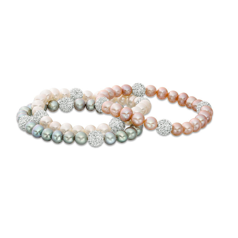 6.0 - 7.0mm White, Pink and Dyed Grey Cultured Freshwater Pearl and Crystal Ball Station Stretch Bracelet Set - 7.25"