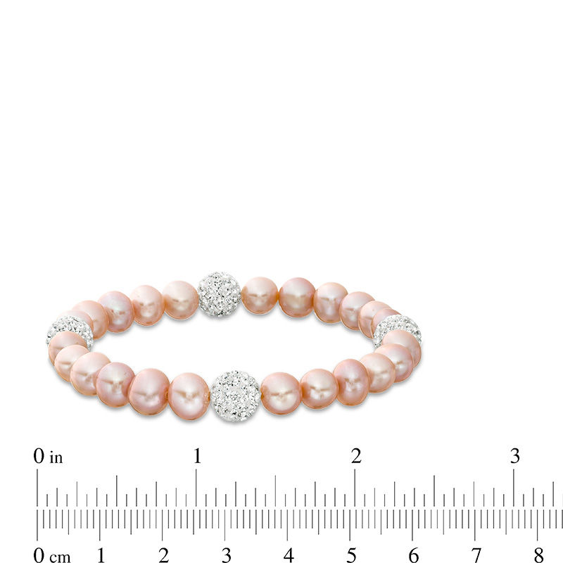 6.0 - 7.0mm White, Pink and Dyed Grey Cultured Freshwater Pearl and Crystal Ball Station Stretch Bracelet Set - 7.25"
