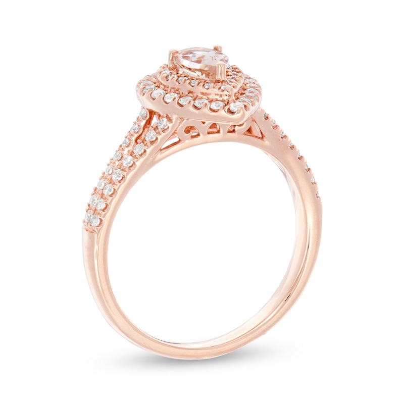 Main Image 2 of Pear-Shaped Morganite and 3/8 CT. T.W. Diamond Double Frame Split Shank Ring in 10K Rose Gold