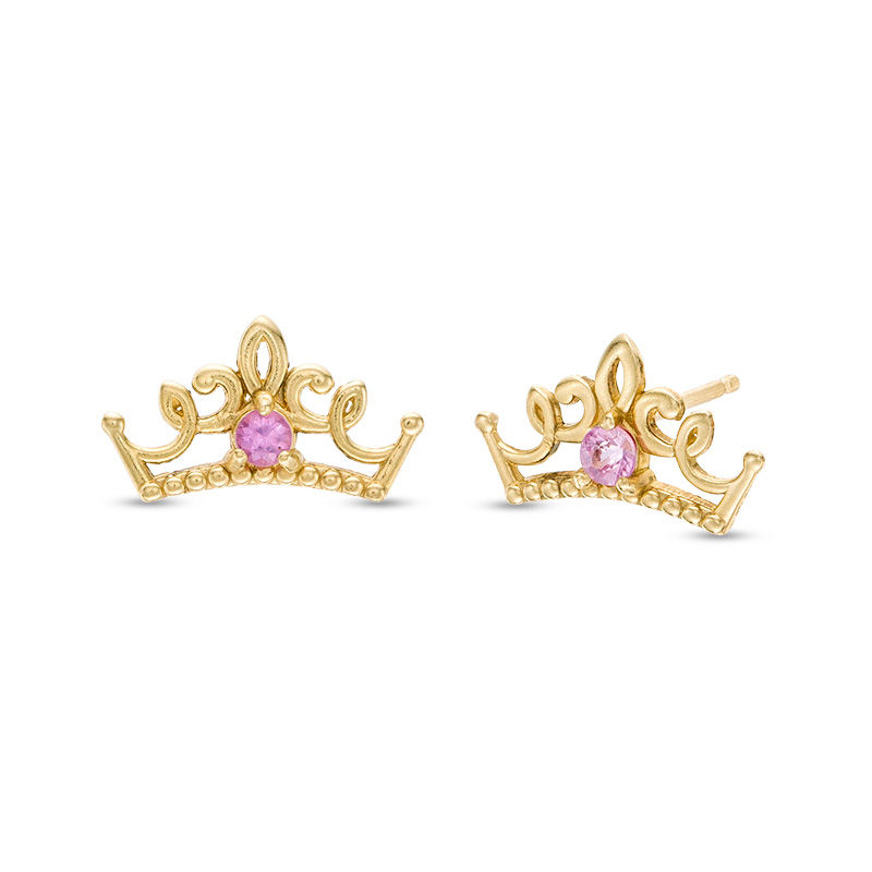 Child's Disney Twinkle Princess Pink Sapphire Beaded Tiara Stud Earrings in 14K Gold