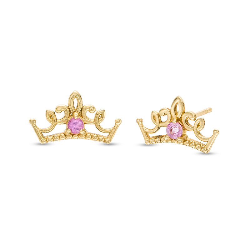 Main Image 1 of Child's Disney Twinkle Princess Pink Sapphire Beaded Tiara Stud Earrings in 14K Gold