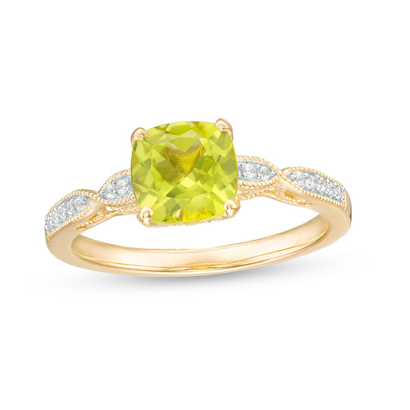 Main Image 1 of Cushion-Cut Peridot and Lab-Created White Sapphire Twist Shank Ring in Sterling Silver with 14K Gold Plate