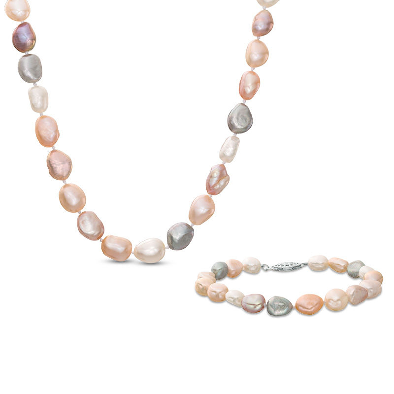Main Image 1 of Baroque Dyed Multi-Color Freshwater Cultured Pearl Necklace and Bracelet Set with Sterling Silver Filigree Clasp-7.5"