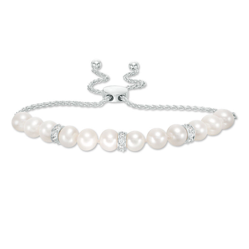 Main Image 1 of Baroque Freshwater Cultured Pearl and Lab-Created White Sapphire Bead Station Bolo Bracelet in Sterling Silver-9"