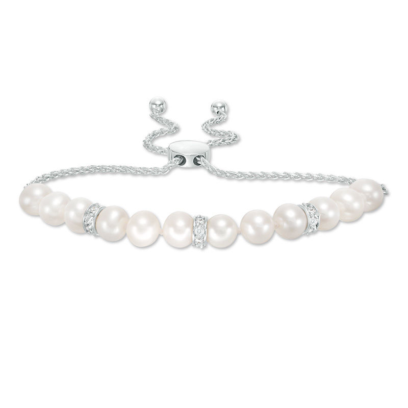 Baroque Cultured Freshwater Pearl and Lab-Created White Sapphire Bead Station Bolo Bracelet in Sterling Silver - 9"