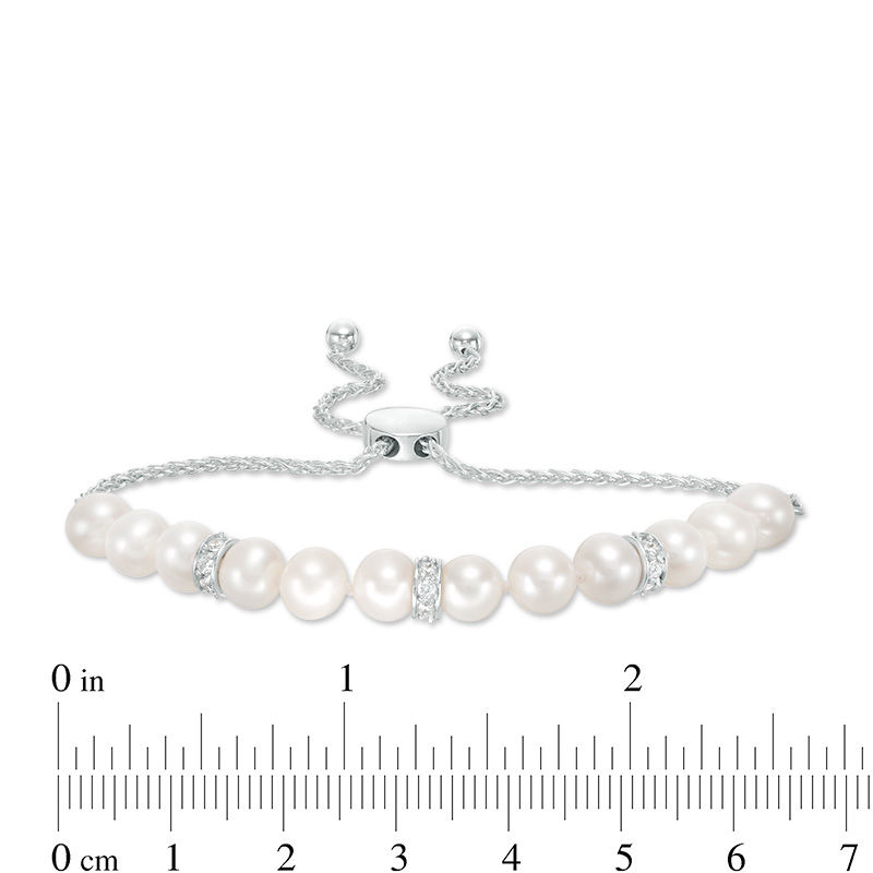 Main Image 2 of Baroque Freshwater Cultured Pearl and Lab-Created White Sapphire Bead Station Bolo Bracelet in Sterling Silver-9"