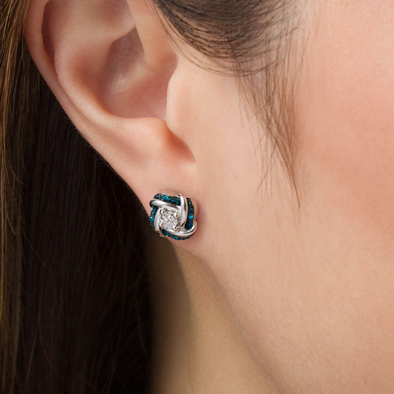 Main Image 2 of Enhanced Blue and White Diamond Accent Knot Stud Earrings in Sterling Silver