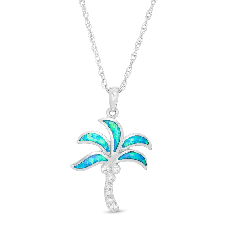 Lab-Created Blue Opal and White Sapphire Palm Tree Pendant in Sterling Silver