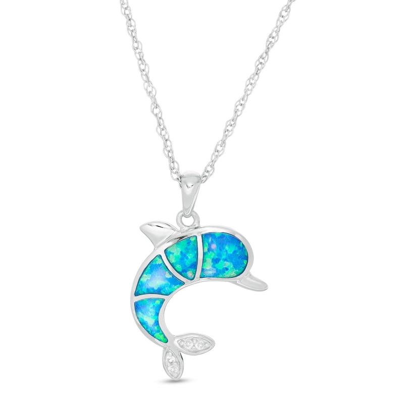 Main Image 1 of Lab-Created Blue Opal and White Sapphire Dolphin Pendant in Sterling Silver