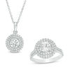 Thumbnail Image 1 of 6.5mm Lab-Created White Sapphire Double Frame Pendant and Ring Set in Sterling Silver - Size 7
