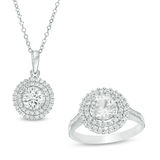 6.5mm Lab-Created White Sapphire Double Frame Pendant and Ring Set