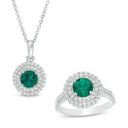 6.5mm Green Quartz Doublet and Lab-Created White Sapphire Double Frame Pendant and Ring Set in Sterling Silver - Size 7
