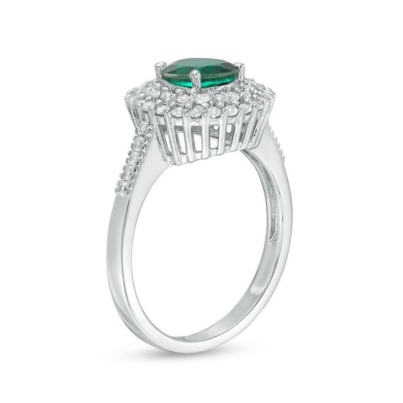 Main Image 2 of 6.5mm Green Quartz Doublet and Lab-Created White Sapphire Double Frame Pendant and Ring Set in Sterling Silver - Size 7