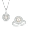 Thumbnail Image 1 of Freshwater Cultured Pearl and Lab-Created White Sapphire Double Frame Pendant and Ring Set in Sterling Silver-Size 7