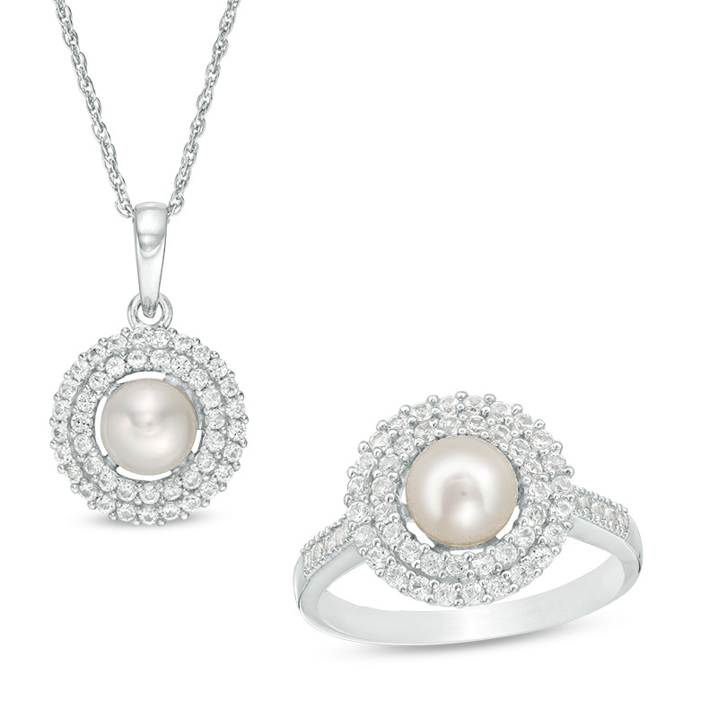 Main Image 1 of Freshwater Cultured Pearl and Lab-Created White Sapphire Double Frame Pendant and Ring Set in Sterling Silver-Size 7