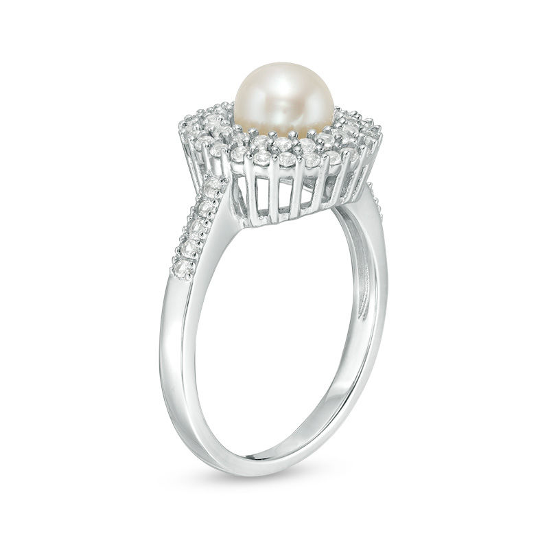 Main Image 2 of Freshwater Cultured Pearl and Lab-Created White Sapphire Double Frame Pendant and Ring Set in Sterling Silver-Size 7