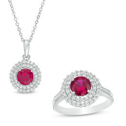 6.5mm Lab-Created Ruby and White Sapphire Double Frame Pendant and Ring Set in Sterling Silver - Size 7