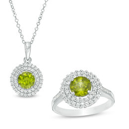 6.5mm Peridot and Lab-Created White Sapphire Double Frame Pendant and Ring Set in Sterling Silver - Size 7