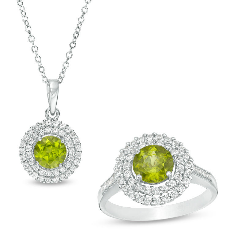 Main Image 1 of 6.5mm Peridot and Lab-Created White Sapphire Double Frame Pendant and Ring Set in Sterling Silver - Size 7