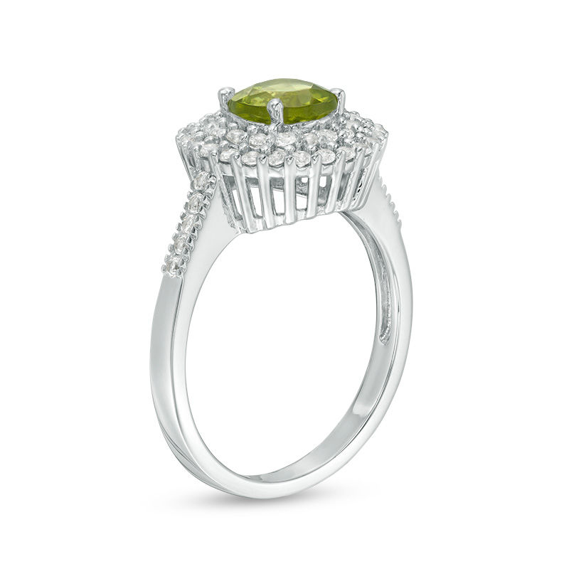 6.5mm Peridot and Lab-Created White Sapphire Double Frame Pendant and Ring Set in Sterling Silver - Size 7