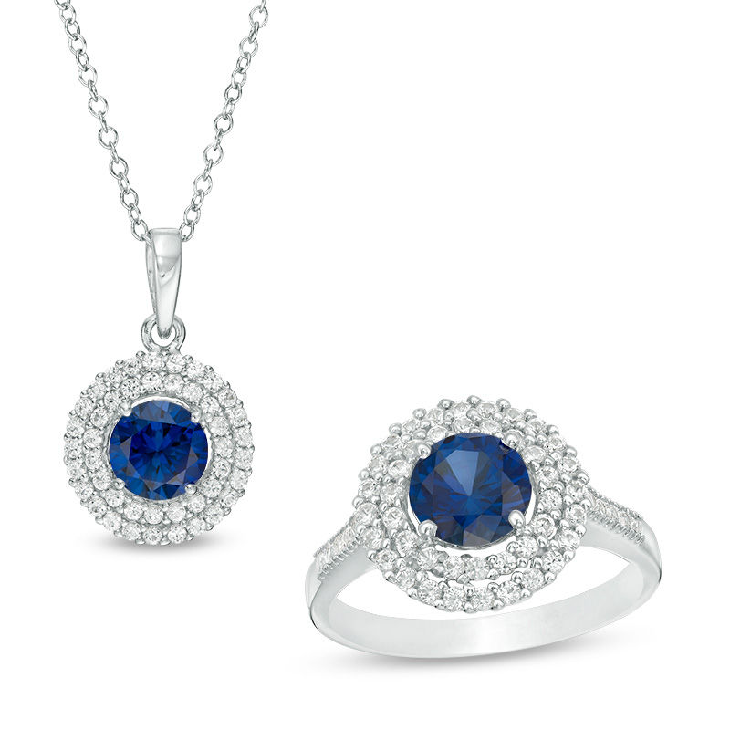 Main Image 1 of 6.5mm Lab-Created Blue Sapphire and White Sapphire Double Frame Pendant and Ring Set in Sterling Silver - Size 7