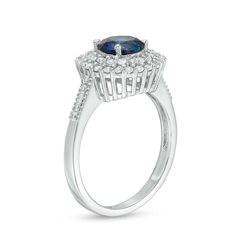 Main Image 2 of 6.5mm Lab-Created Blue Sapphire and White Sapphire Double Frame Pendant and Ring Set in Sterling Silver - Size 7