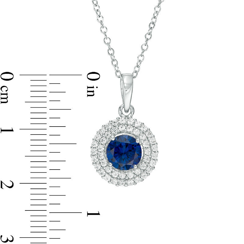 6.5mm Lab-Created Blue Sapphire and White Sapphire Double Frame Pendant and Ring Set in Sterling Silver - Size 7