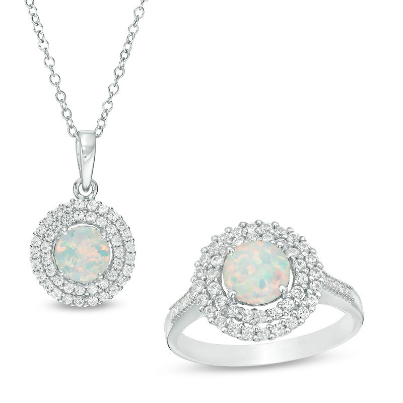 6.5mm Lab-Created Opal and White Sapphire Double Frame Pendant and Ring Set in Sterling Silver - Size 7