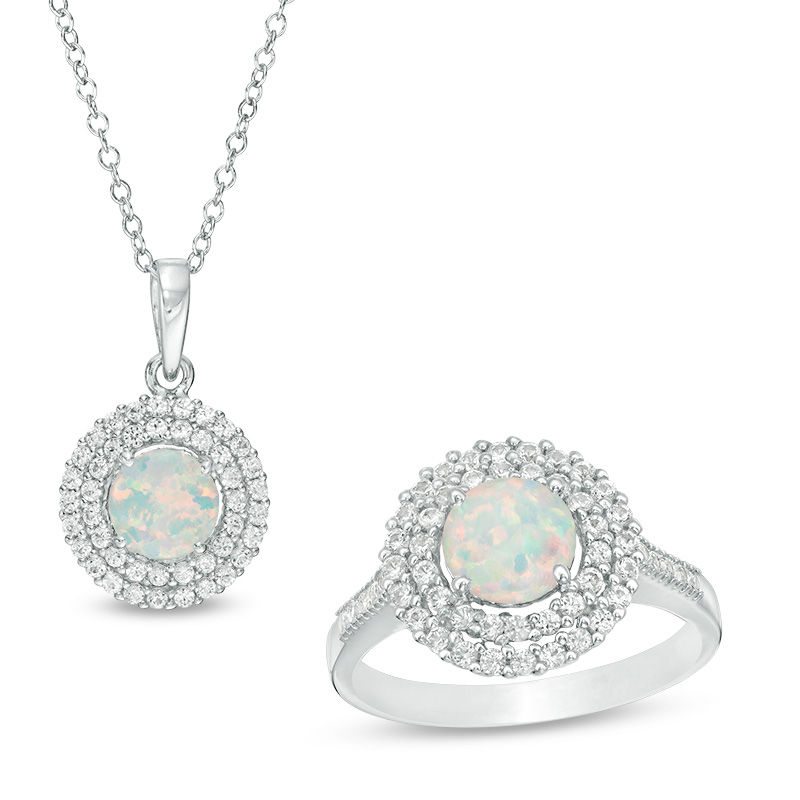 Main Image 1 of 6.5mm Lab-Created Opal and White Sapphire Double Frame Pendant and Ring Set in Sterling Silver - Size 7