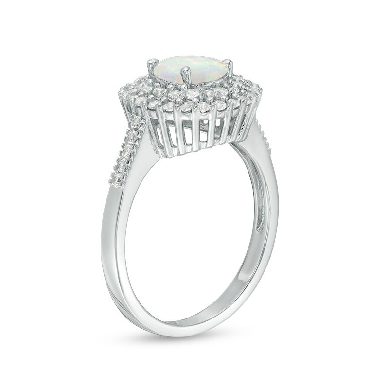 Main Image 2 of 6.5mm Lab-Created Opal and White Sapphire Double Frame Pendant and Ring Set in Sterling Silver - Size 7