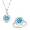 Thumbnail Image 1 of 6.5mm Swiss Blue Topaz and Lab-Created White Sapphire Double Frame Pendant and Ring Set in Sterling Silver - Size 7